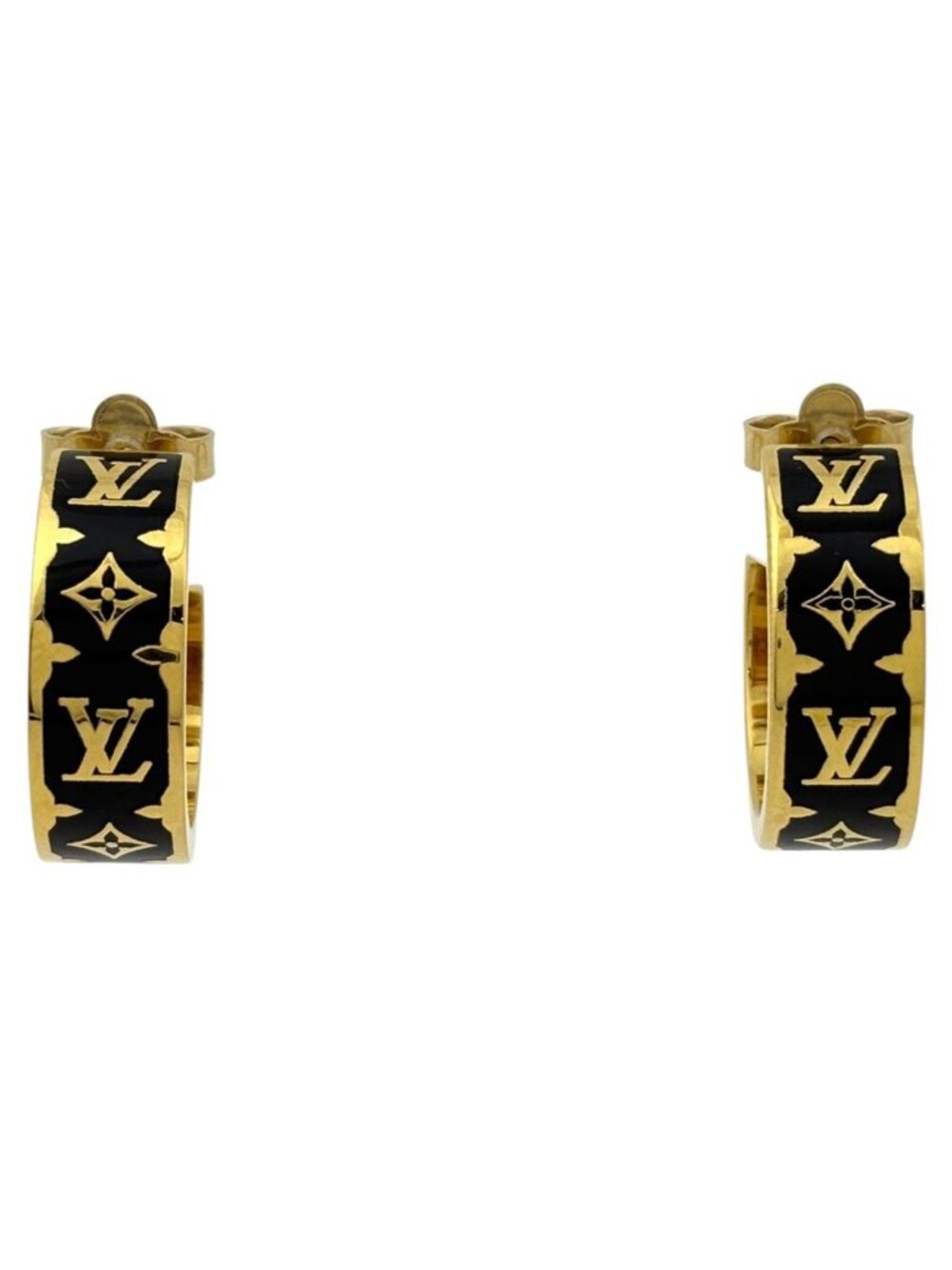Louis Vuitton Earrings Nano Glam Enamel Monogram Gold Plated Black
